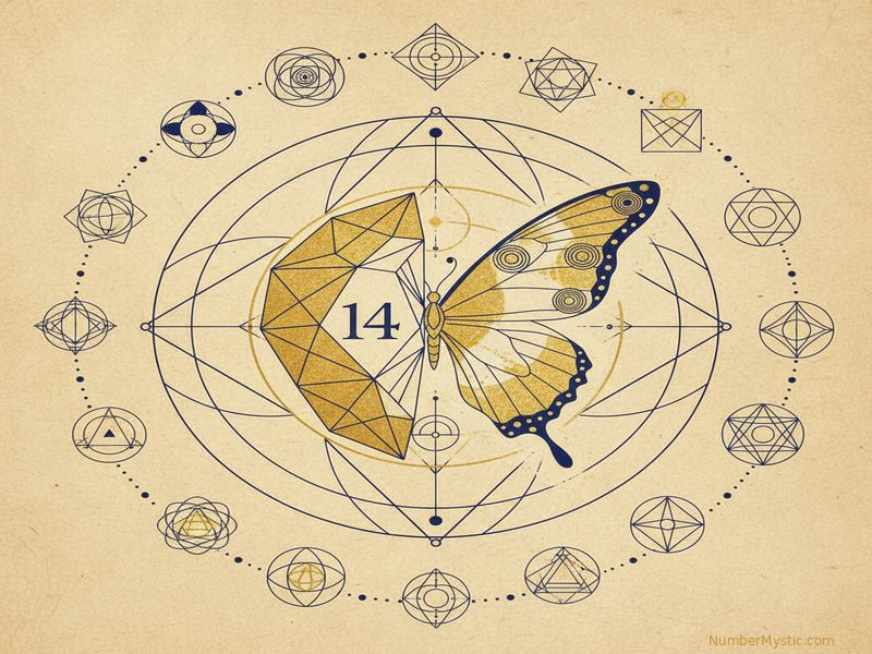 Golden flame inside geometric cage representing number 14 karmic debt