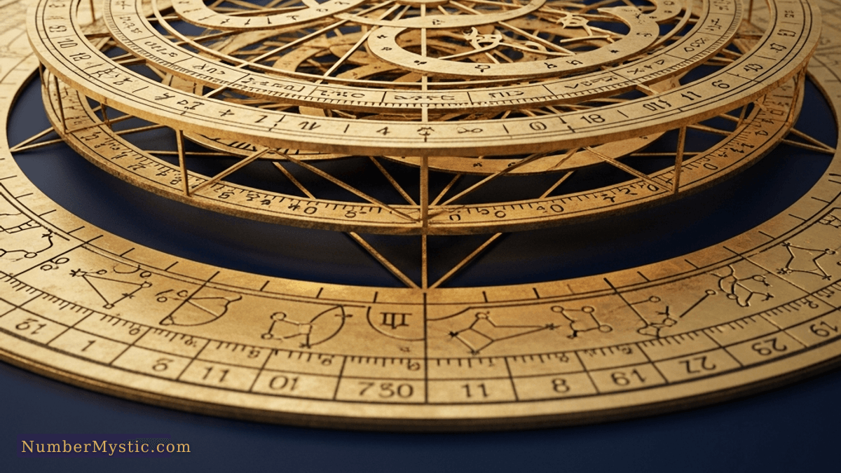 Ancient golden celestial chart with numerology patterns